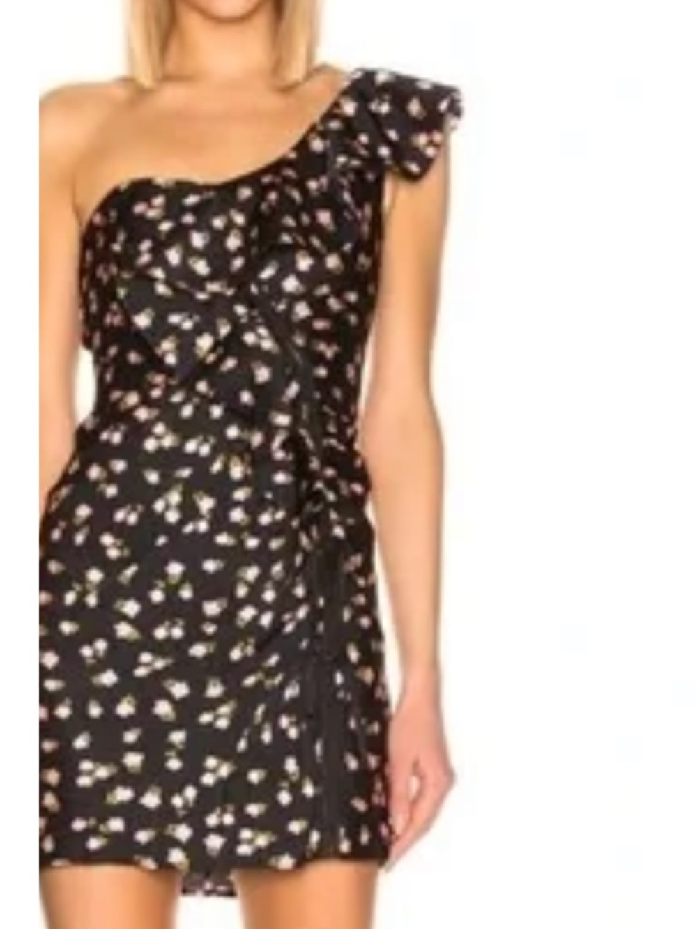 Self-Portrait Ditsy Floral Jacquard One Shoulder Ruffle Mini Dress Black size 4